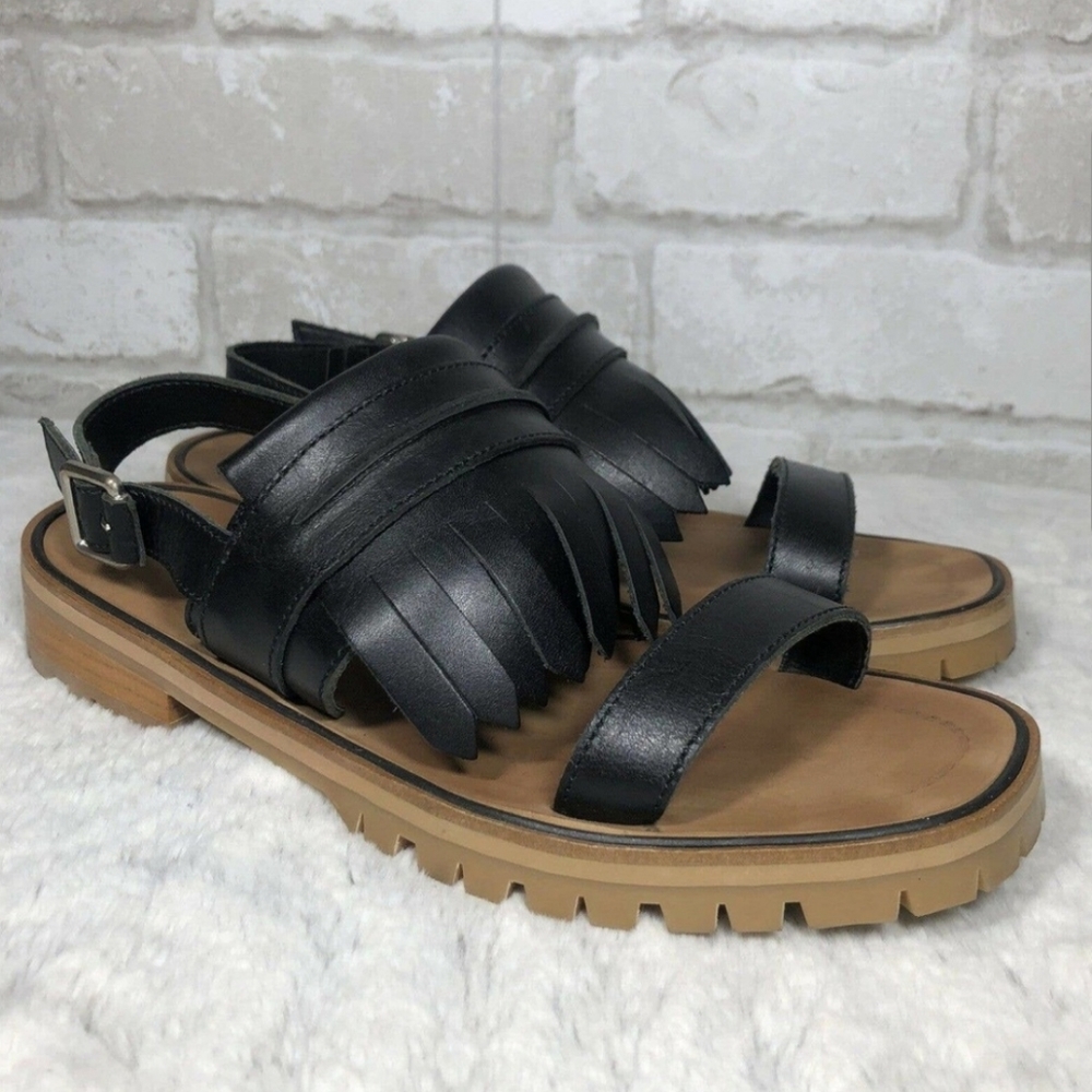 Barely worn Zara Black Faux Leather Fringe Slingback Sandals